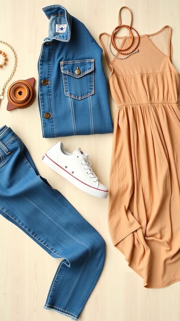 Flat lay of Converse Chuck 70 in Oat Milk with outfit components on a wooden surface.